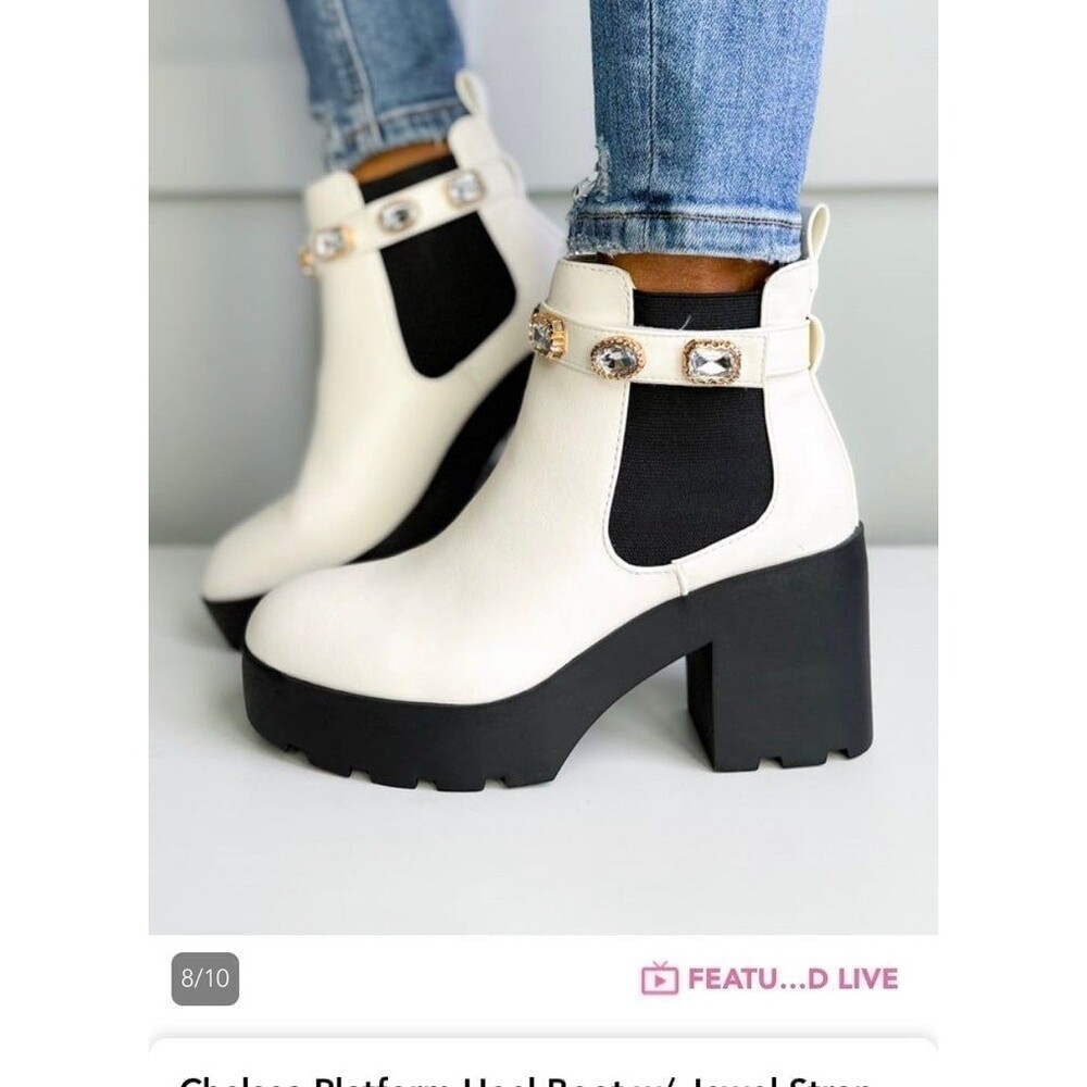 BAMBOO boots platform stacked heel bamboo white boots removable Velcro jewel 8.5